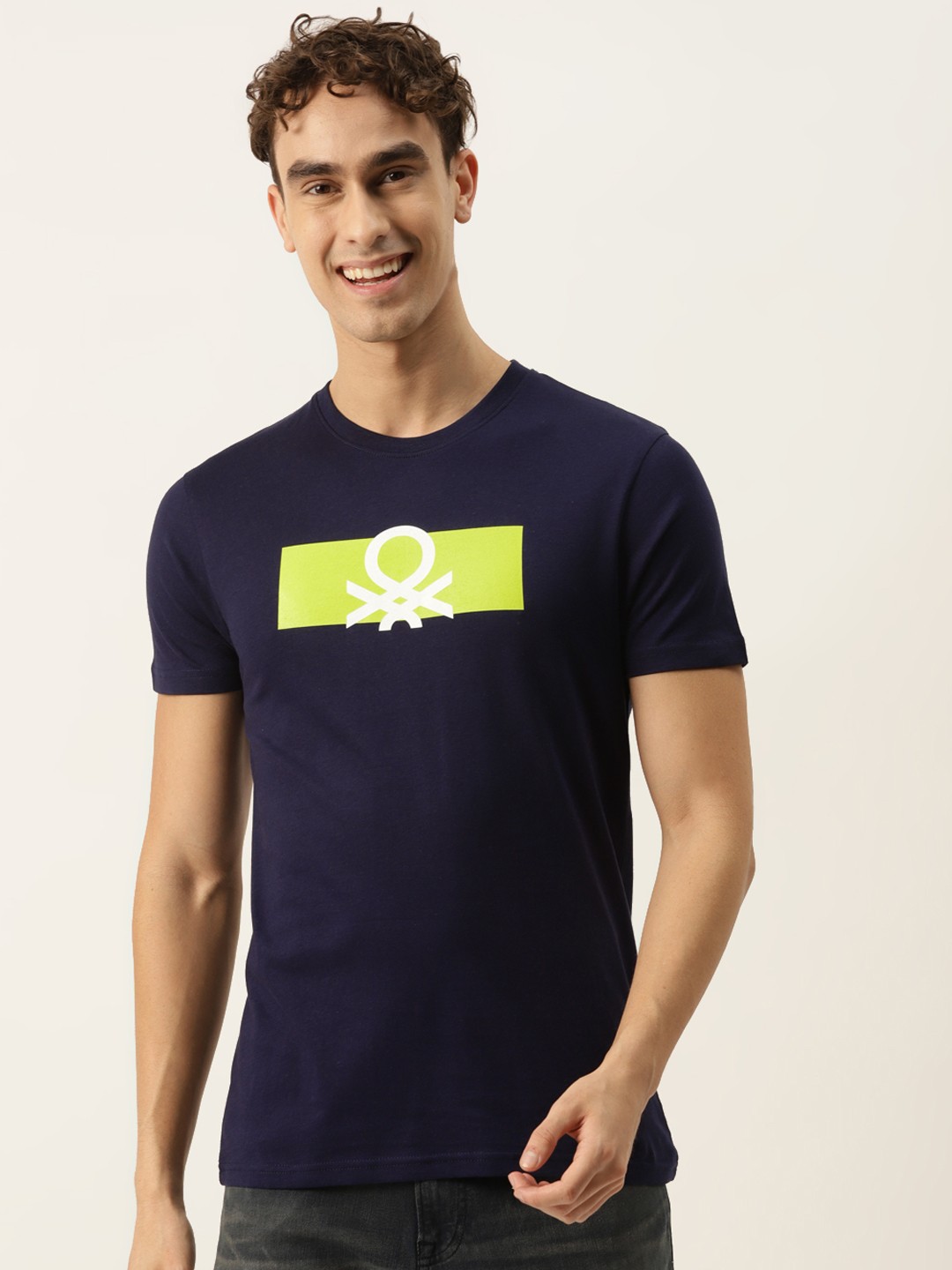 

United Colors of Benetton Men Navy Blue & Lime Green Brand Logo Printed T-shirt