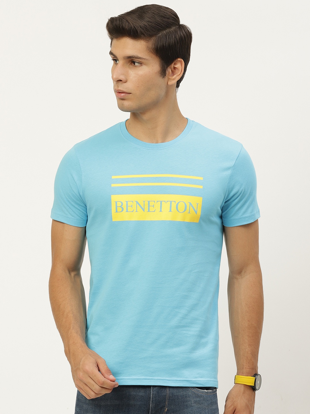 

United Colors of Benetton Men Blue & Yellow Pure Cotton Brand Logo T-shirt