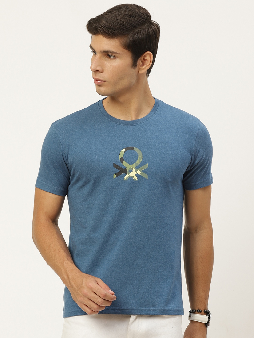 

United Colors of Benetton Men Blue Brand Logo Printe T-shirt