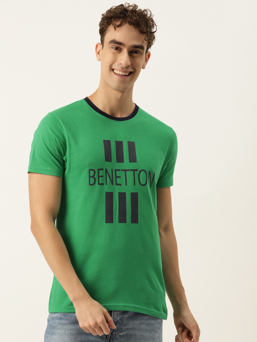

United Colors of Benetton Men Green Typography Printed Pure Cotton T-shirt