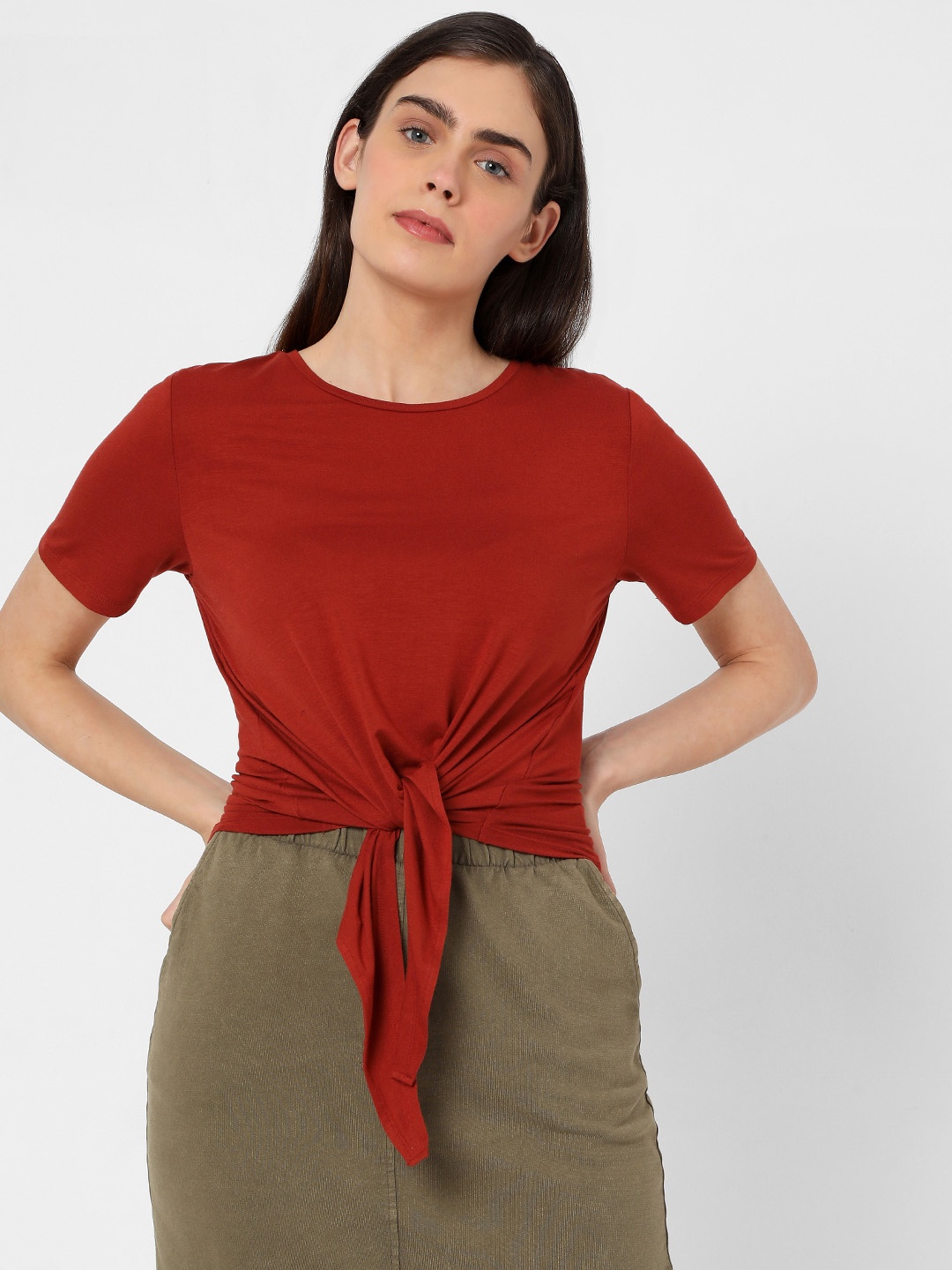 

Vero Moda Women Maroon Tie-Up Detailed T-shirt