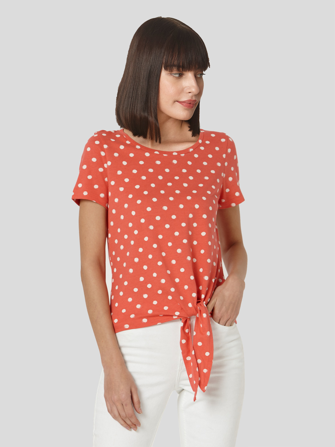 

Vero Moda Women Orange & White Polka Printed Tie-Up Detailed T-shirt