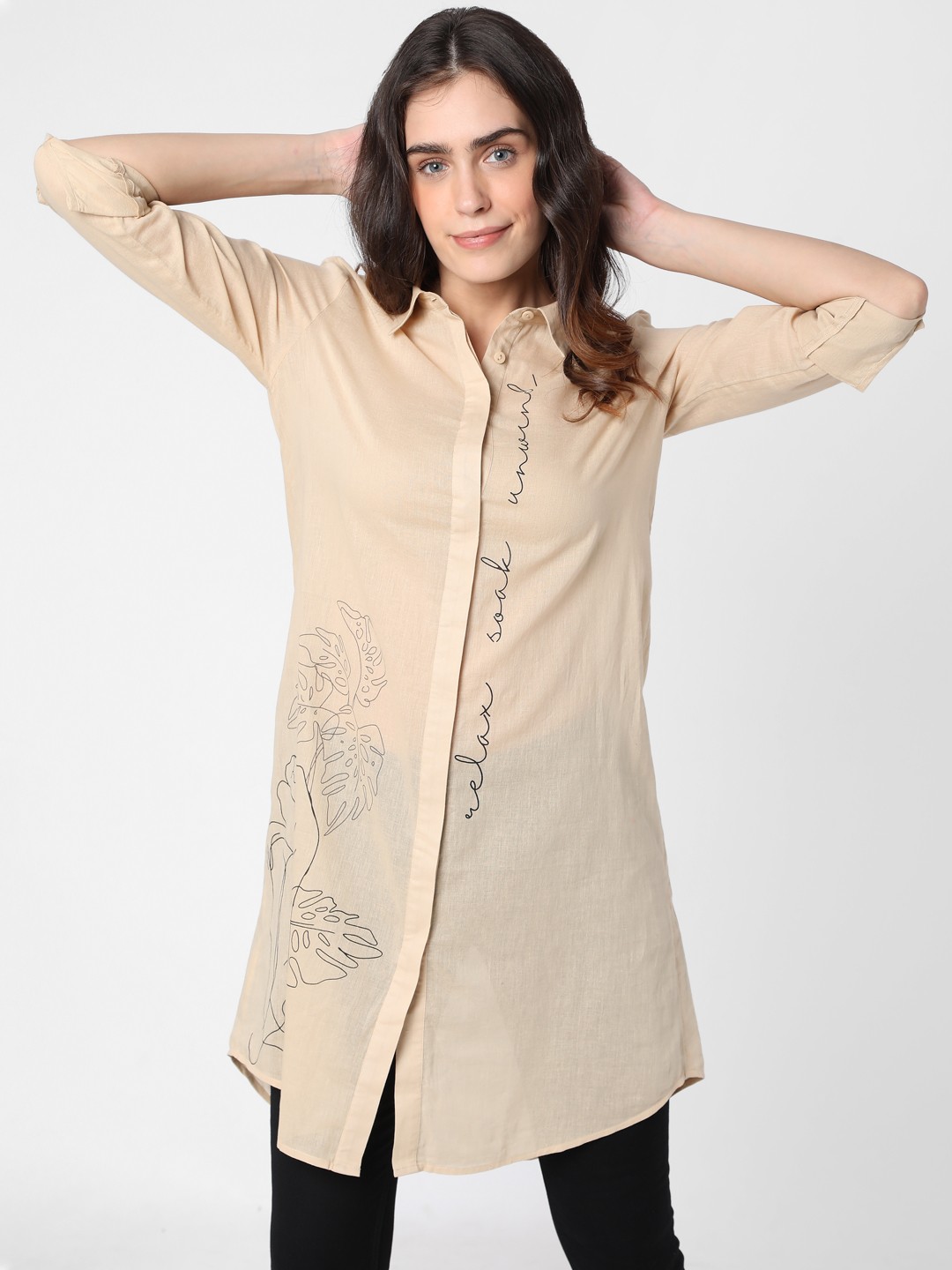 

Vero Moda Women Beige Printed Casual Longline Shirt