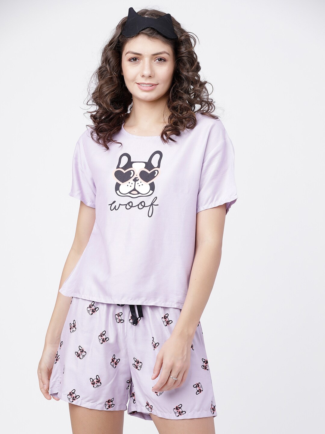 

Tokyo Talkies Women Lavender & Black Printed Night Suit