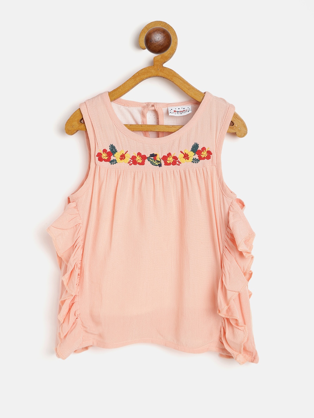 

Donuts Girls Peach-Coloured Solid Ruffles Regular Top