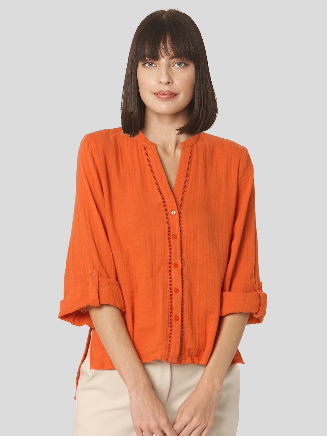 

Vero Moda Women Orange Casual Organic Cotton Mandarin Collar Shirt