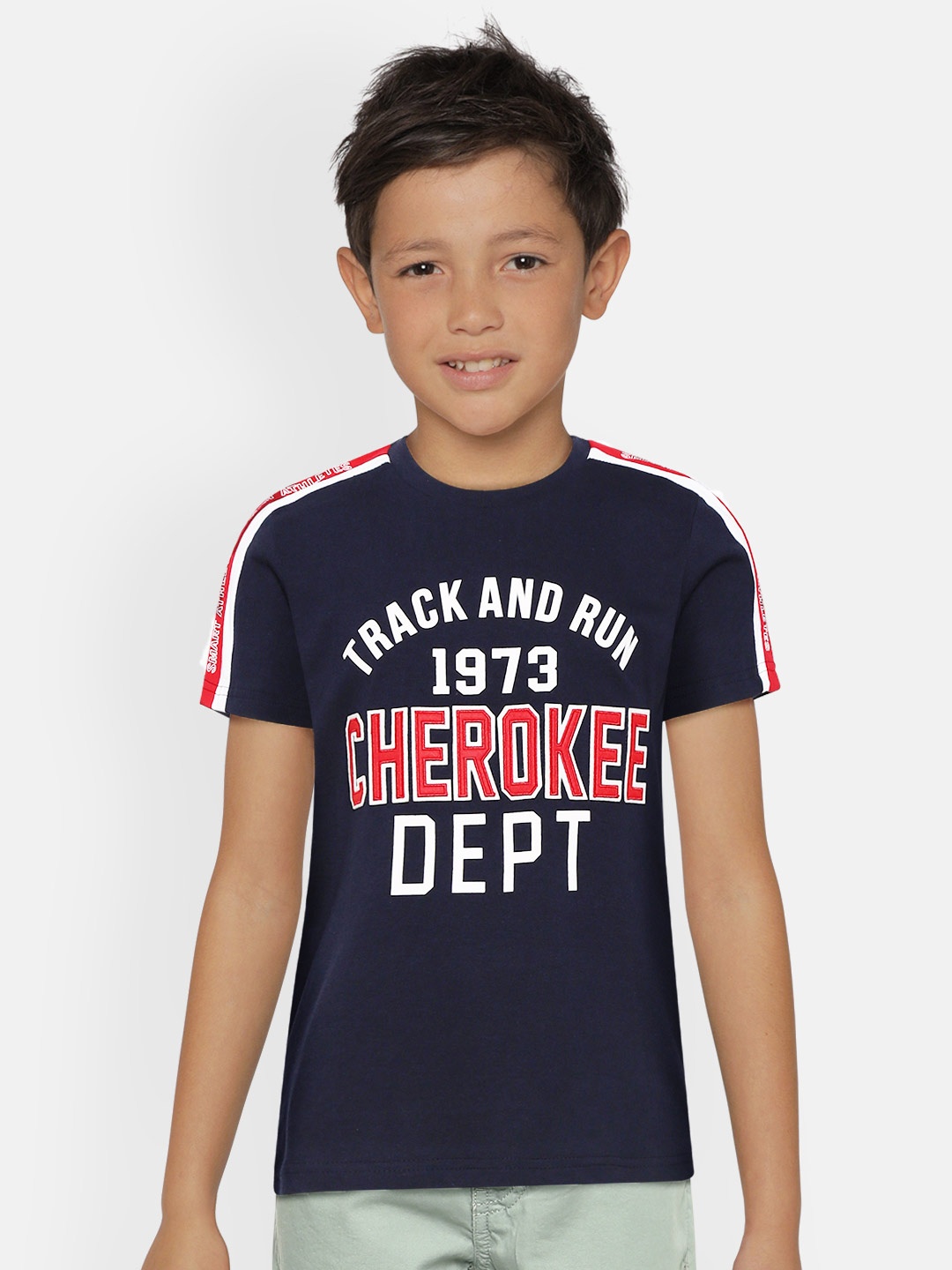

Cherokee Boys Navy Blue White Pure Cotton Typography Printed Pure Cotton T-shirt