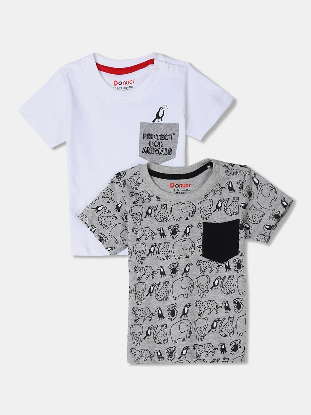 

Donuts Boys Pack of 2 Grey Melange & White Printed T-shirt
