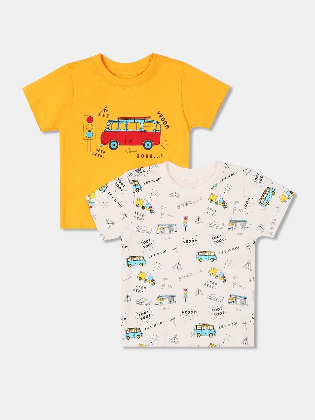 

Donuts Boys Pack Of 2 Mustard Yellow White Printed Pure Cotton T-shirt