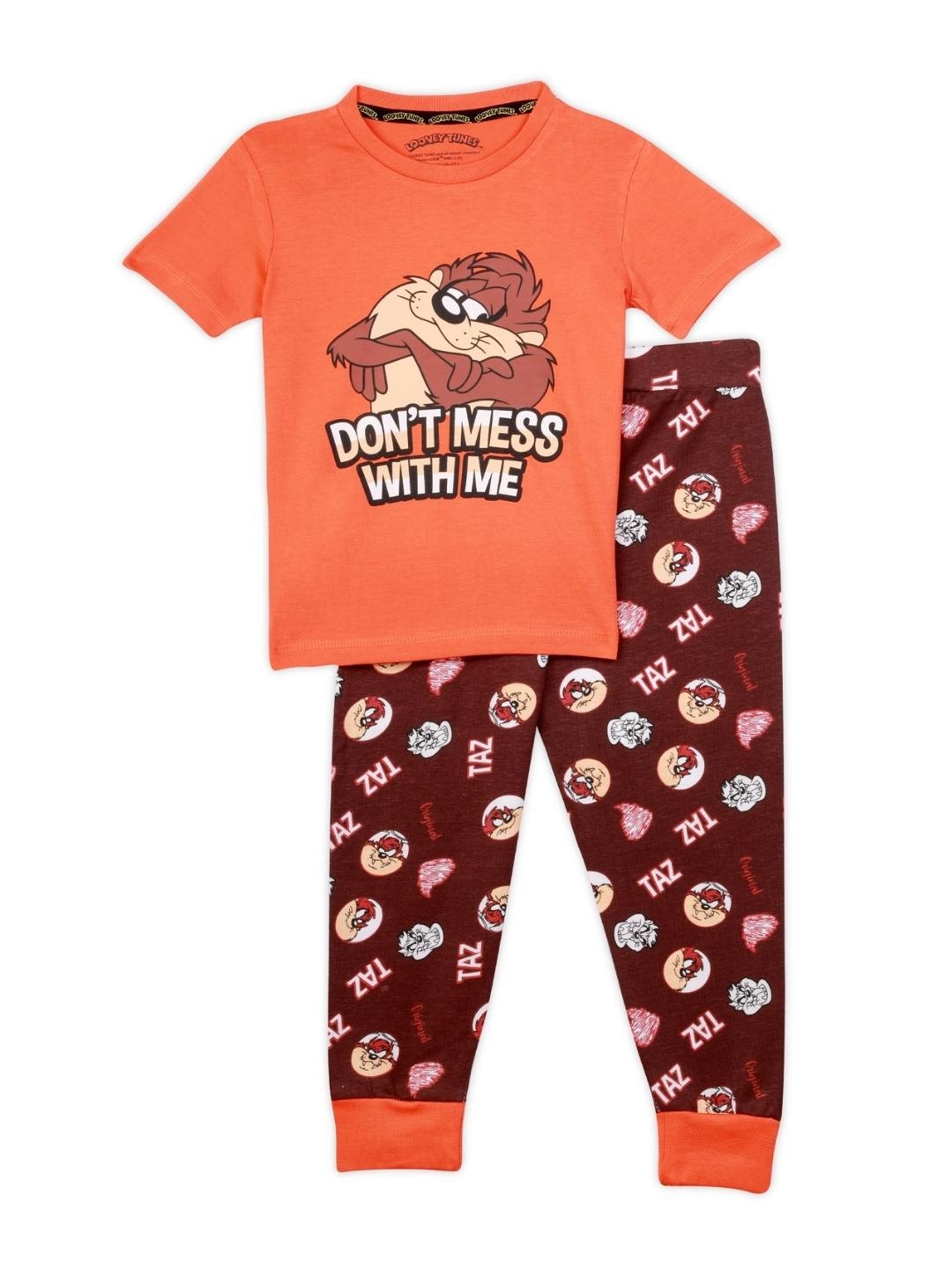 

Nap Chief Boys Orange & Brown Looney Tunes- Taz Printed Organic Cotton Night Suit
