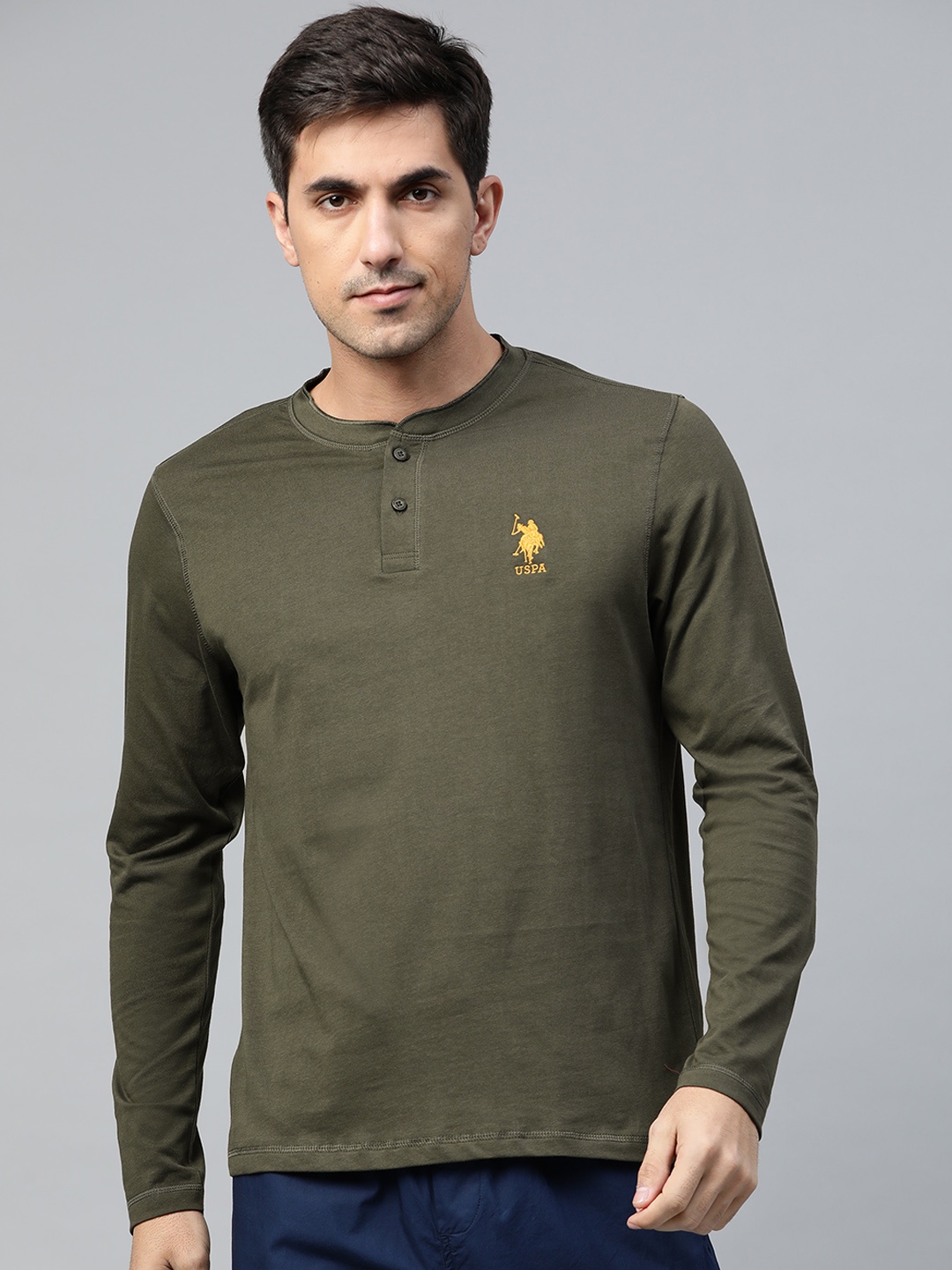 

U.S. Polo Assn. Men Olive Green Solid Pure Cotton Lounge T-shirt