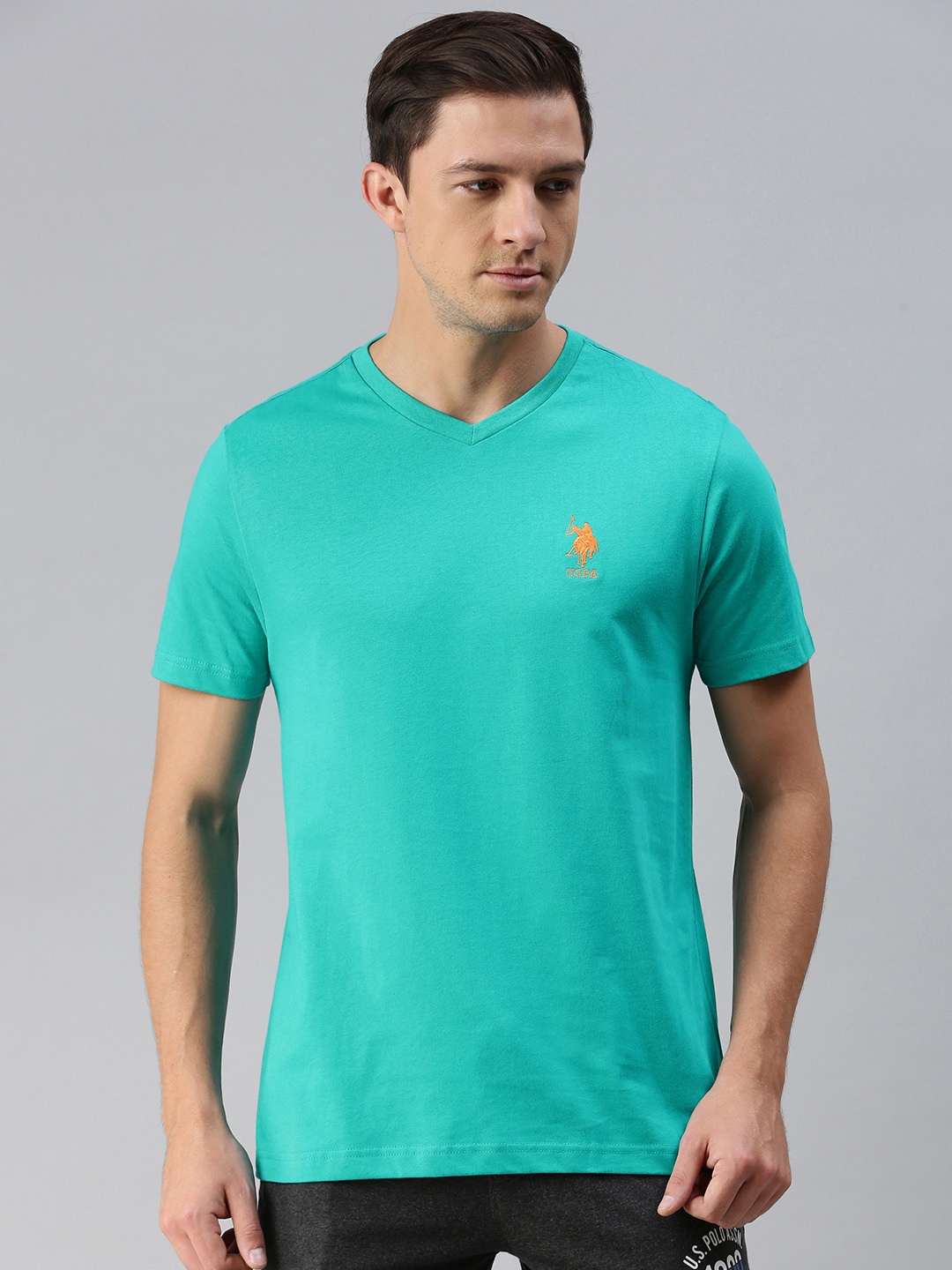 

U.S. Polo Assn. Men Sea Green Solid Pure Cotton V-Neck Lounge T-shirt