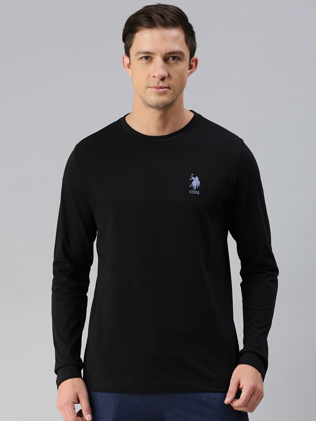 

U.S. Polo Assn. Men Black Solid Pure Cotton Round Neck Lounge T-shirt