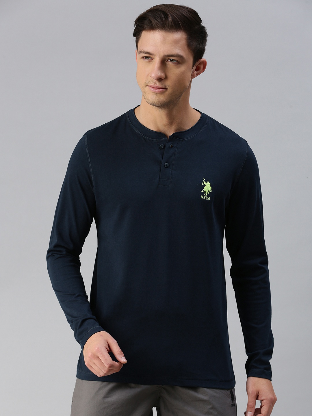 

U.S. Polo Assn. Men Navy Blue Solid Pure Cotton Henley Neck Lounge T-shirt