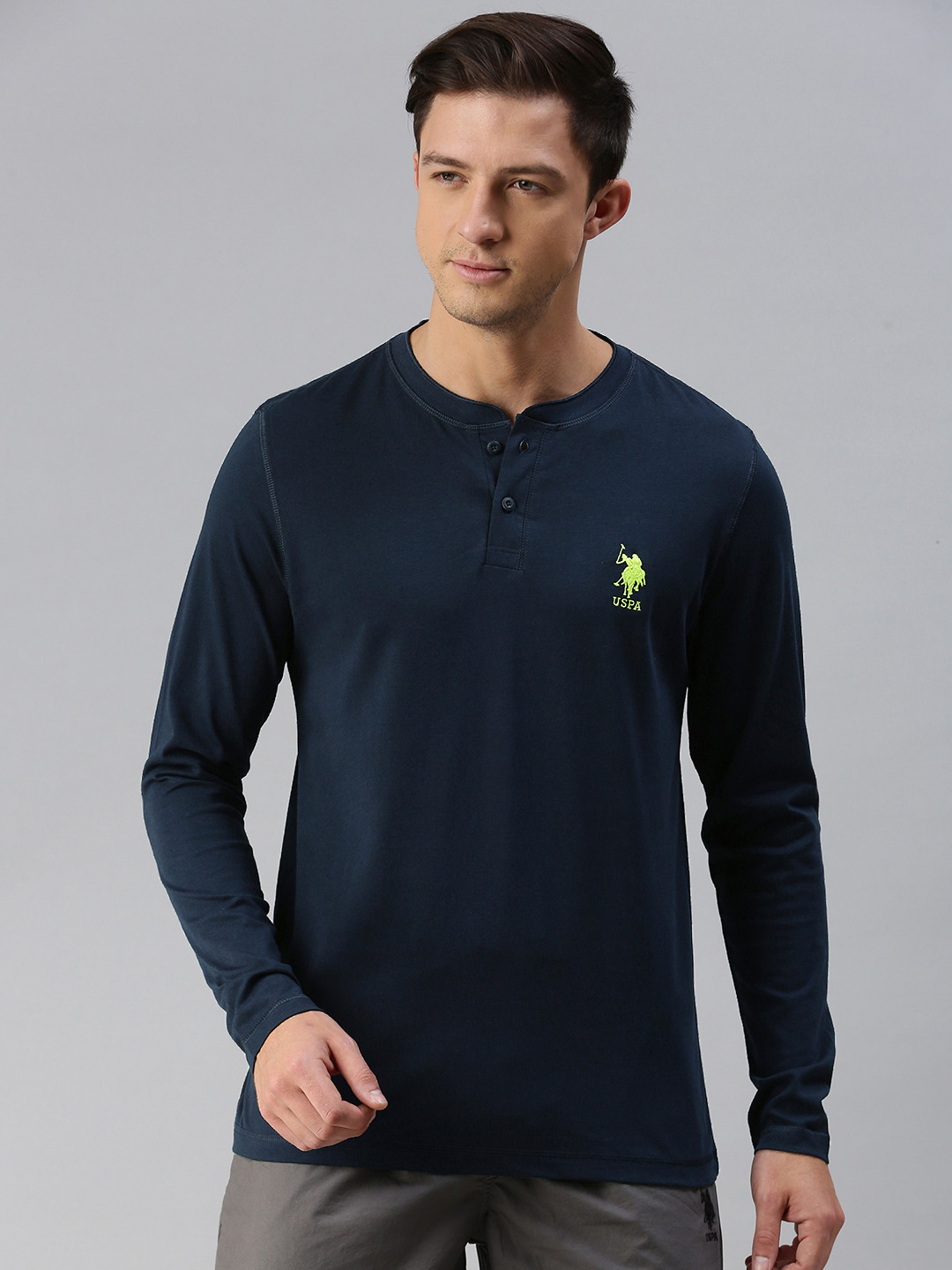 U.S. Polo Assn. Men Navy Blue Solid Pure Cotton Henley Neck Lounge T-shirt