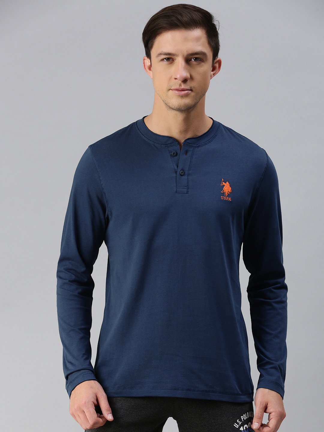 

U.S. Polo Assn. Men Navy Blue Solid Pure Cotton Henley Neck Lounge T-shirt