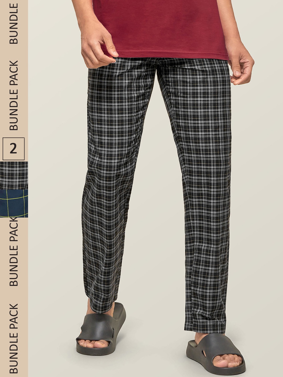 

XYXX Men Pack Of 2 Multicoloured Checked Super Combed Cotton Antimicrobial Lounge Pants, Multi