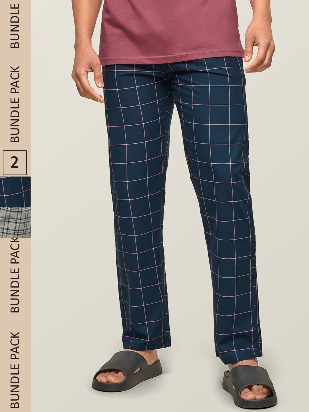 

XYXX Men Grey & Navy Blue Pack of 2 Checked Super Combed Cotton Lounge Pants