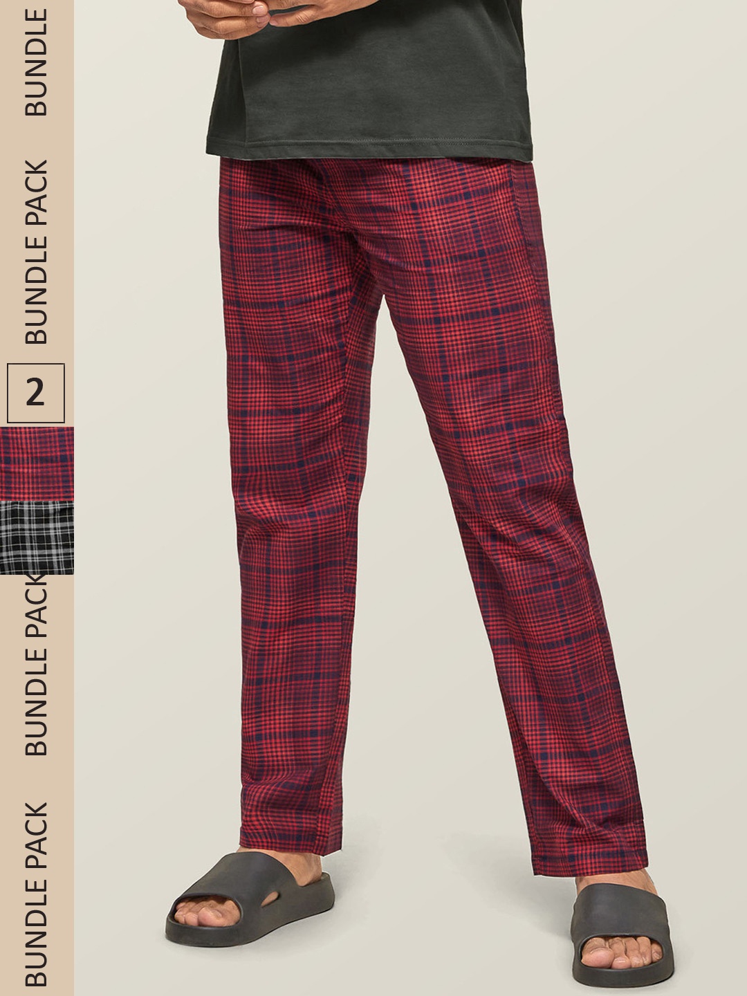

XYXX Men Pack Of 2 Checked Super Combed Cotton Lounge Pants, Black