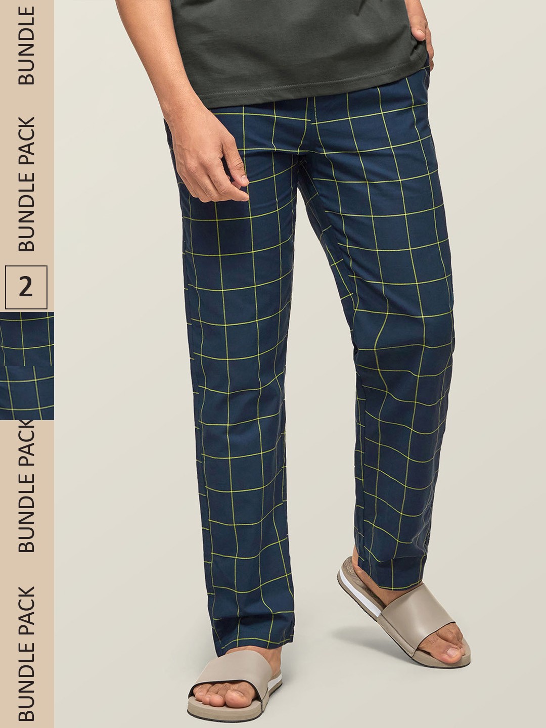 

XYXX Men Pack Of 2 Checked Super Combed Cotton Antimicrobial Lounge Pants, Navy blue