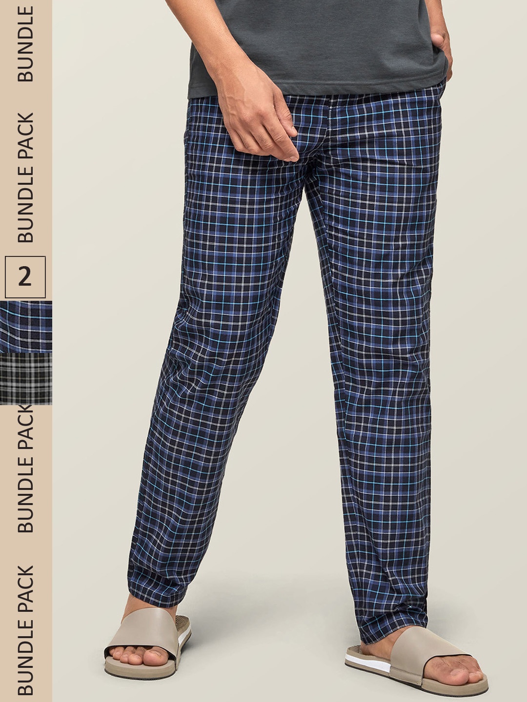 

XYXX Men Pack Of 2 Checked Super Combed Cotton Lounge Pants, Grey