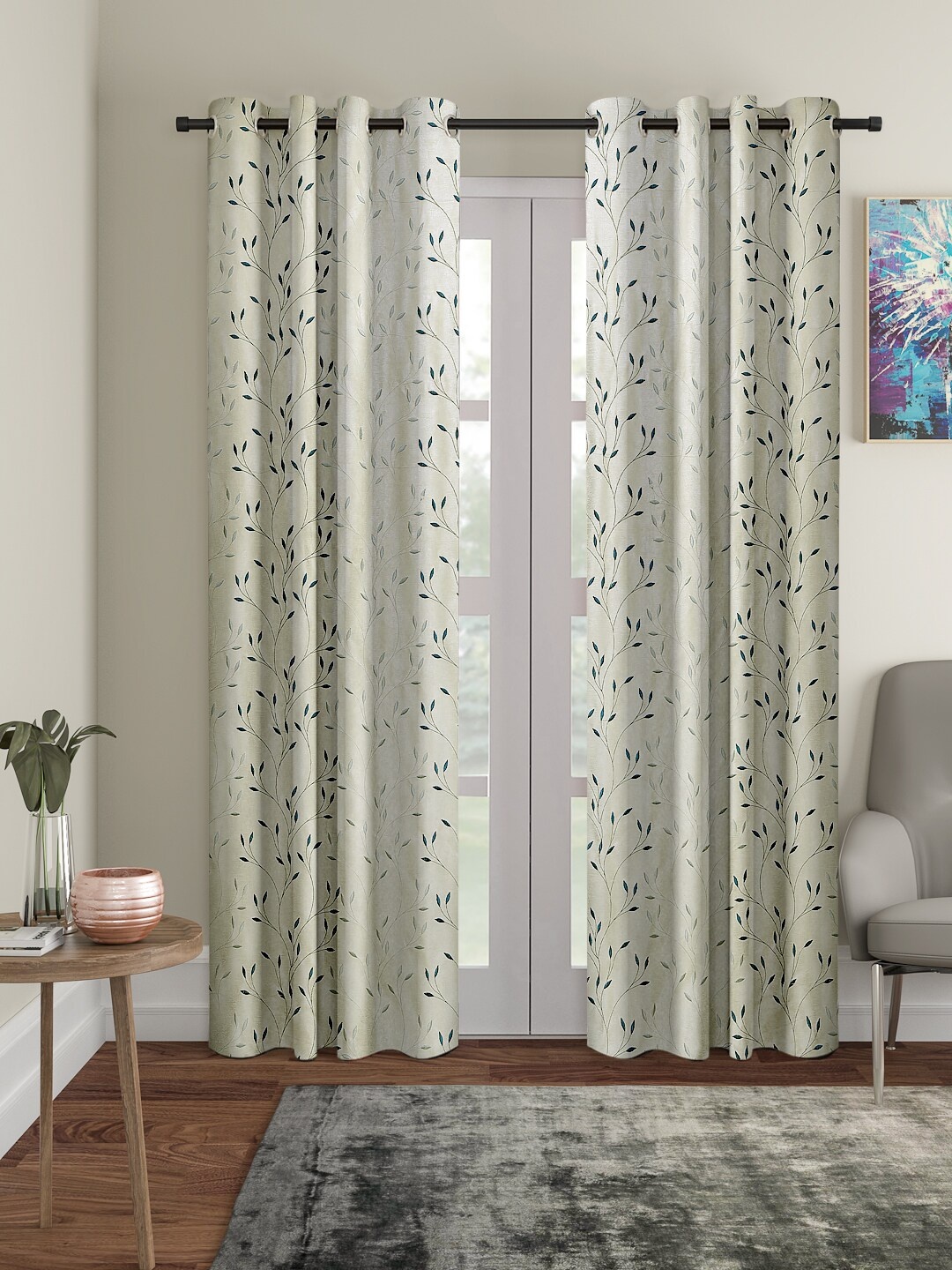 Cortina Cream-Coloured & Blue Set of 2 Door Curtains