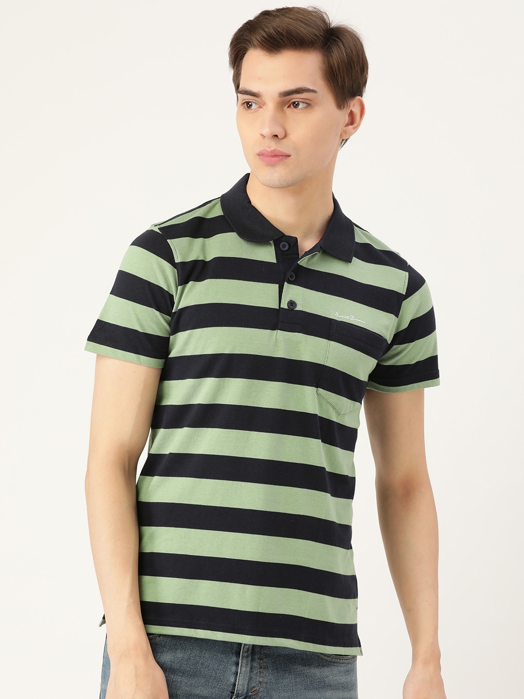 

Sweet Dreams Men Green & Navy Blue Striped Polo Collar Athleisure T-shirt