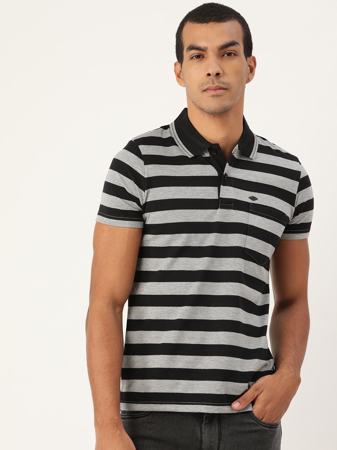 

Sweet Dreams Men Grey Melange & Black Striped Athleisure T-shirt