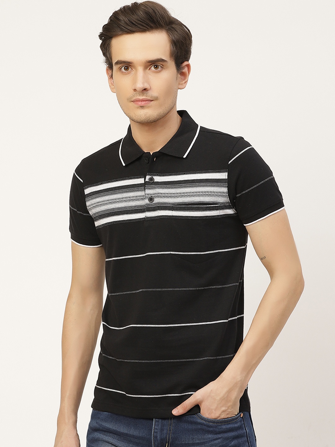 

Sweet Dreams Men Black & White Striped Polo Collar T-shirt