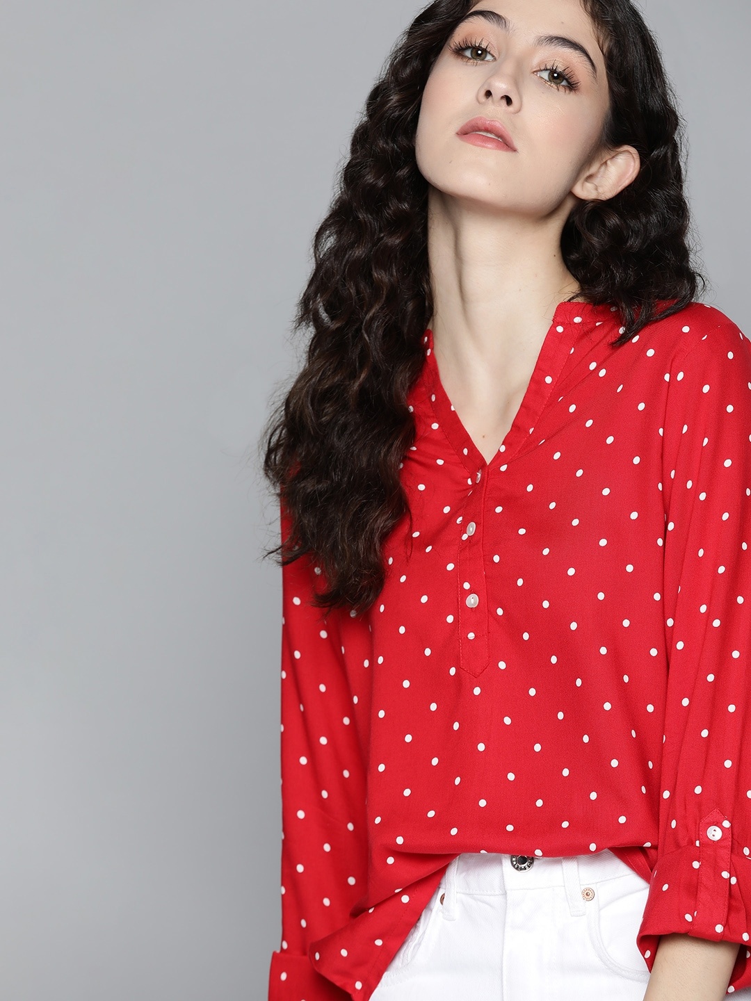 

Harvard Red & White Polka Dots Print Shirt Style Top