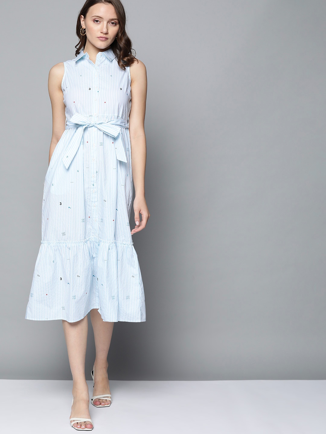 

Harvard Women Blue & White Pure Cotton Striped A-Line Midi Dress with a Belt
