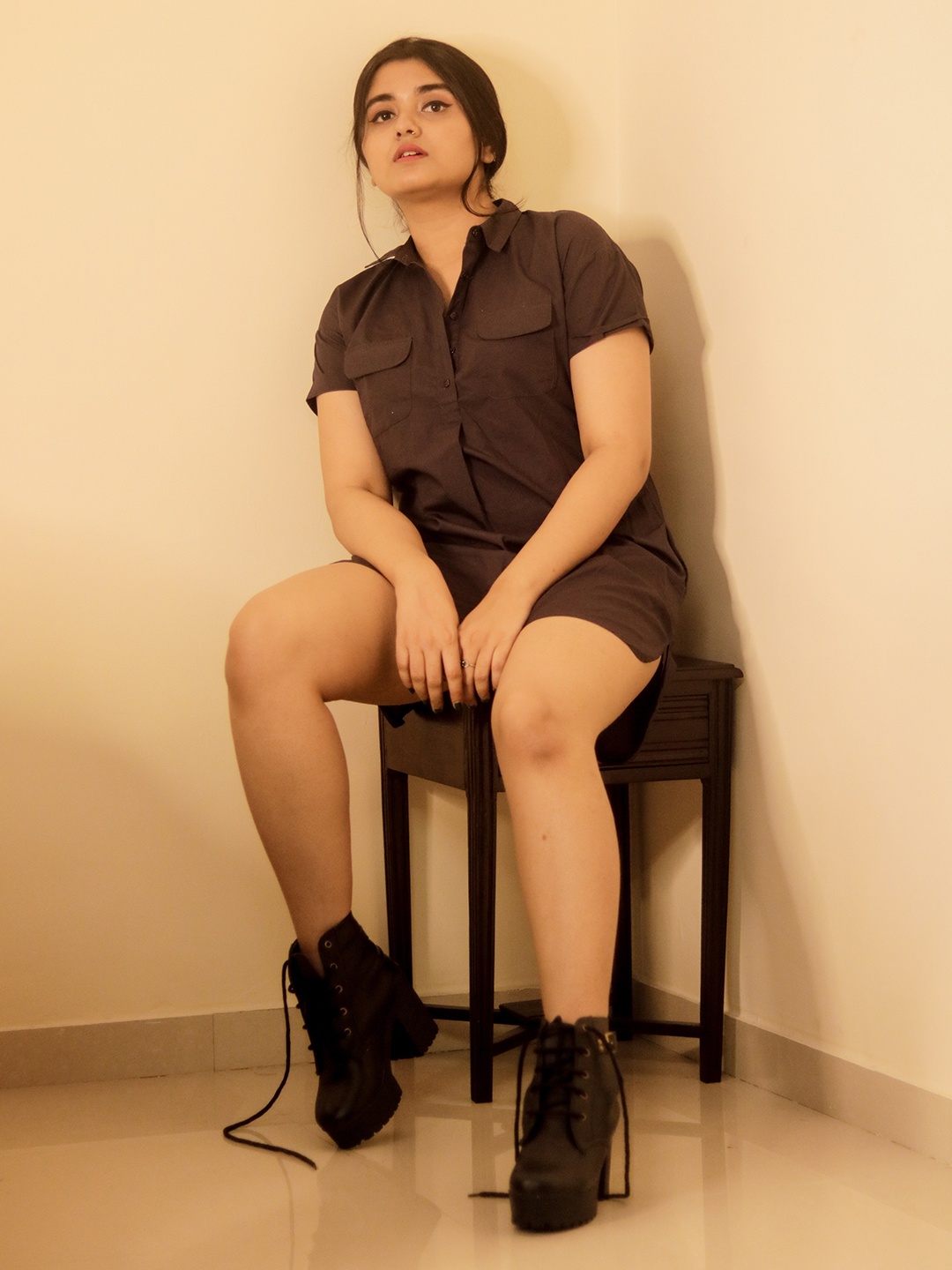 

Harvard Charcoal Grey Solid Pure Cotton Shirt Mini Dress