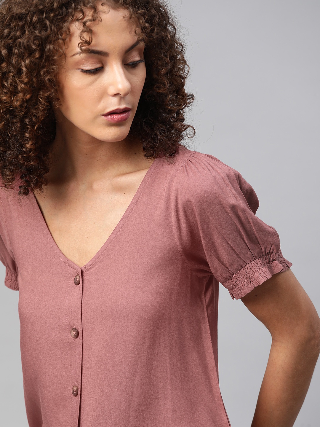 

Harvard Mauve Solid Puff Sleeve Regular Top