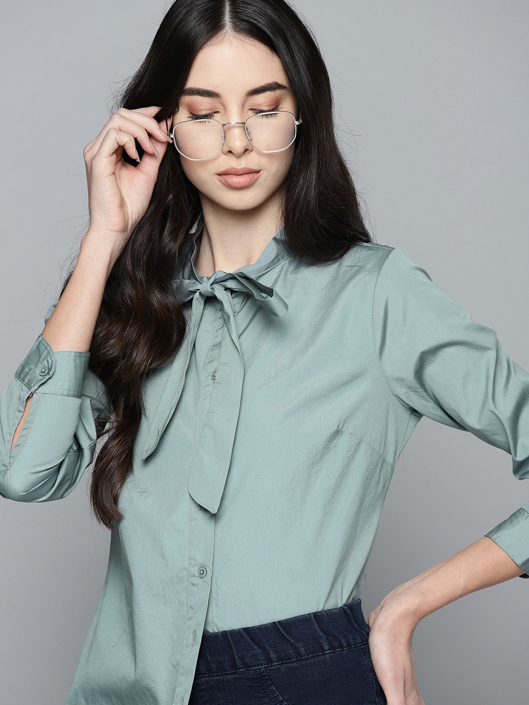 

Harvard Green Pure Cotton Solid Tie-Up Neck Shirt Style Top