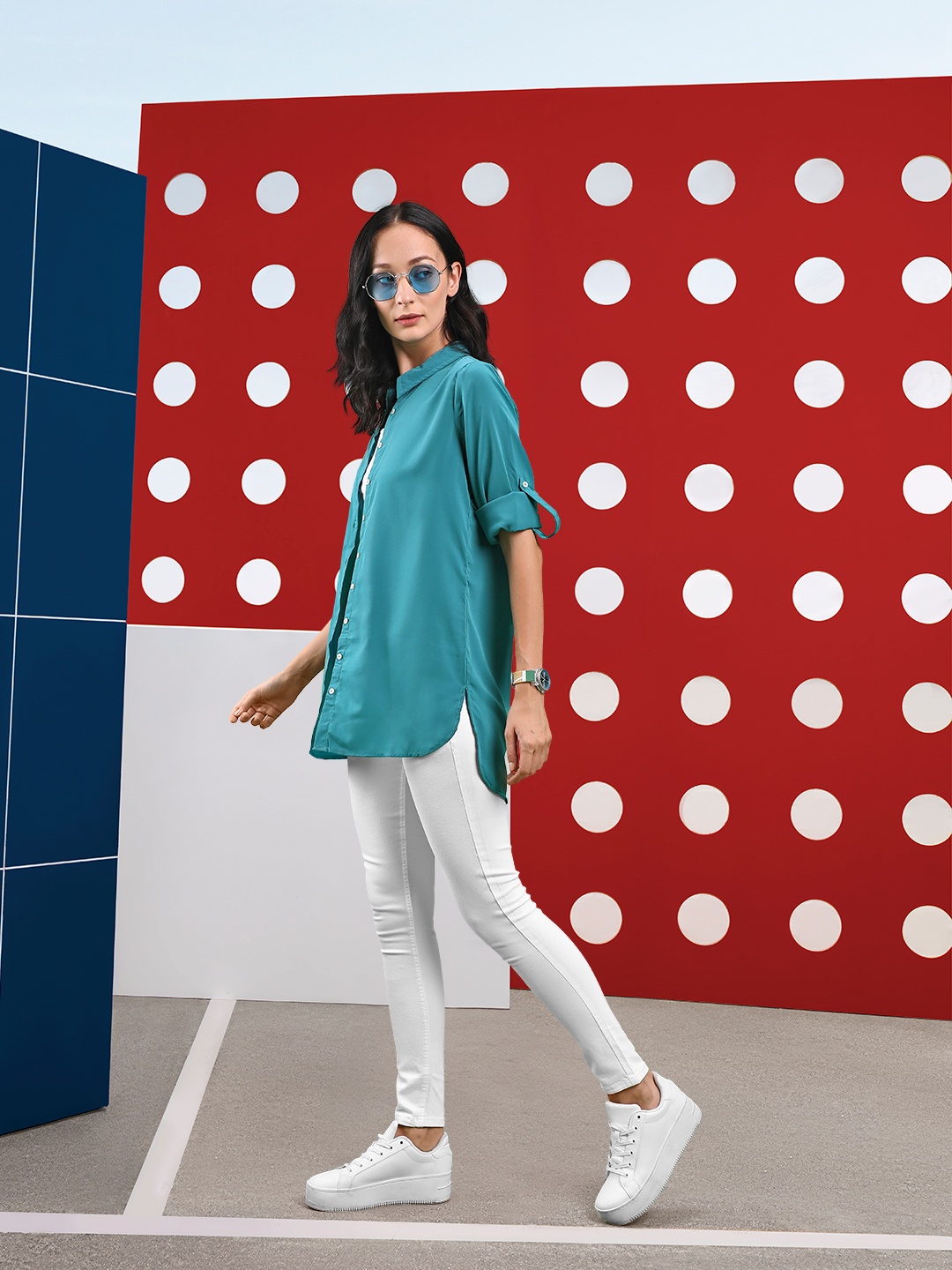 

Harvard Women Green Solid Longline High-Low Casual Shirt