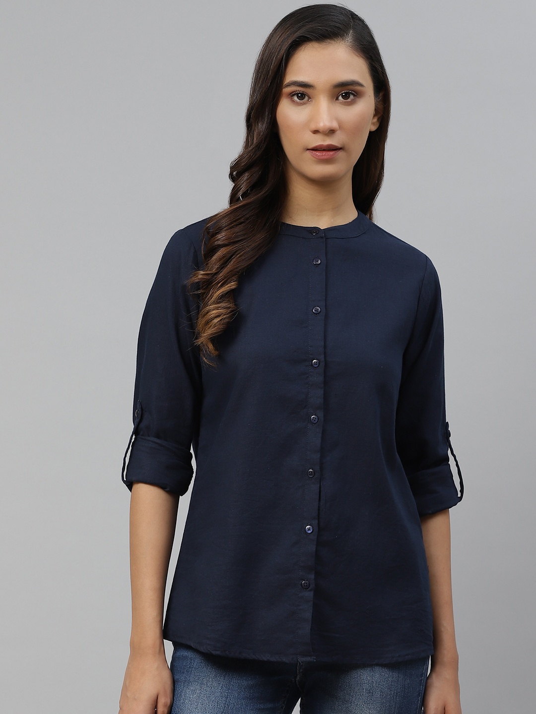 

Harvard Women Navy Blue Regular Fit Solid Casual Shirt