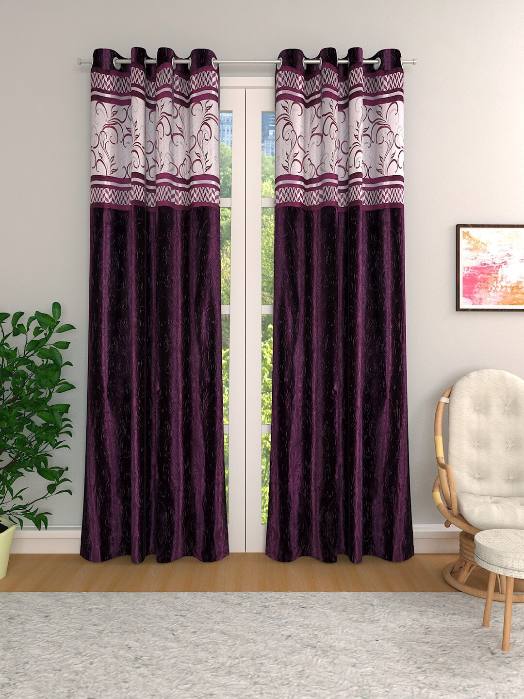 

ROMEE Purple & Cream-Coloured Set of 2 Jacquard Room Darkening Long Door Curtains