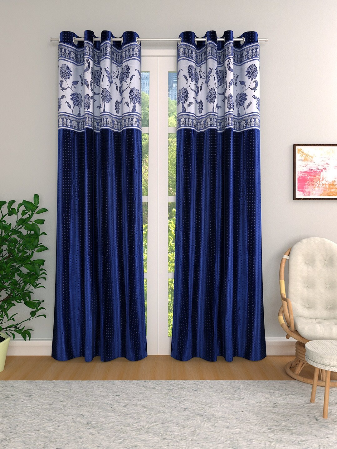 

ROMEE Blue & White Set of 2 Room Darkening Jacquard Long Door Curtains