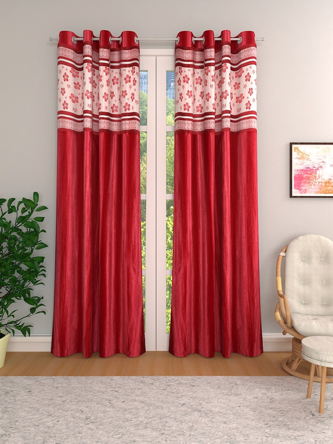 

ROMEE Set of 2 Red & White Room Darkening Curtains