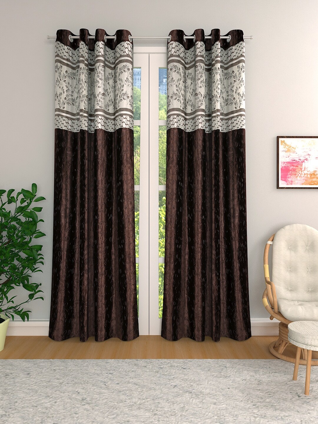 

ROMEE Brown & White Set of 2 Room Darkening Curtains