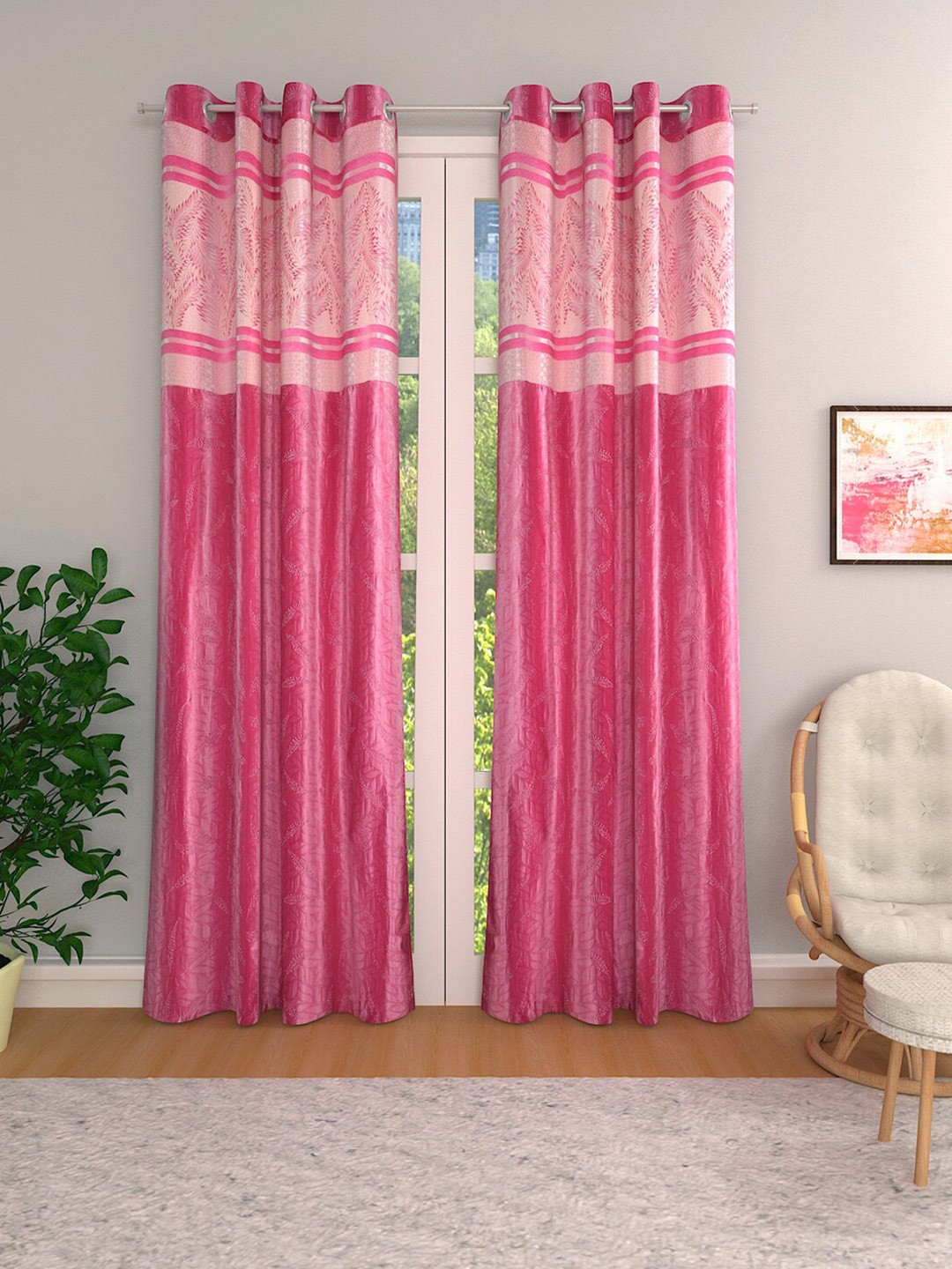 

ROMEE Pink & White Set of 2 Room Darkening Jacquard Door Curtains
