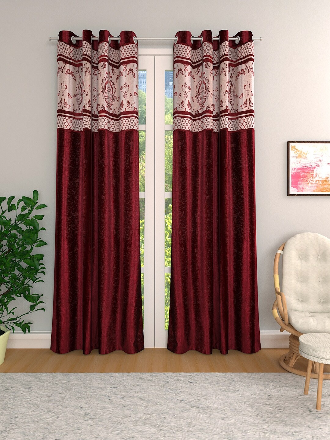

ROMEE Maroon Set of 2 Jacquard Room Darkening Door Curtains