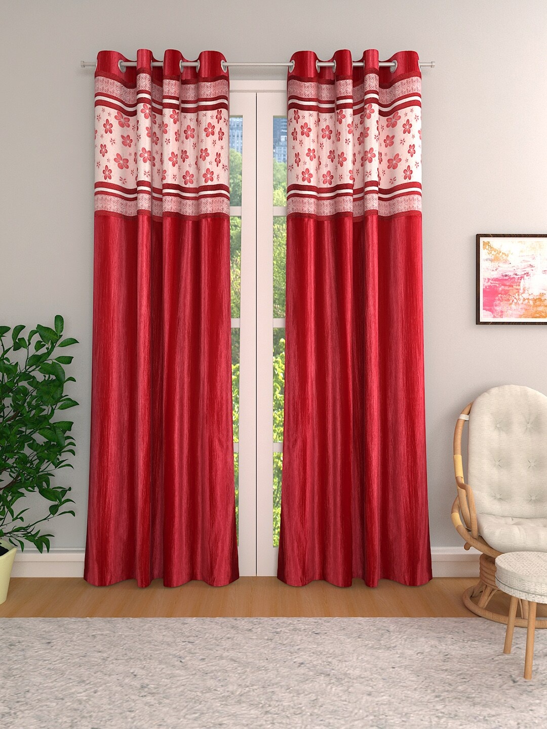 

ROMEE Red & White Set of 2 Room Darkening Jacquard Long Door Curtains