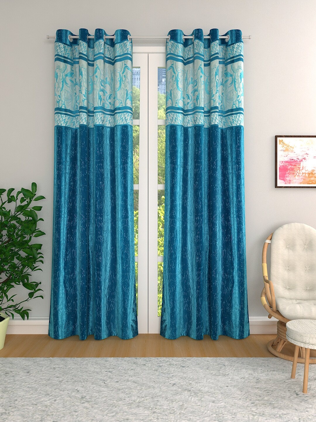 

ROMEE Turquoise Blue & White Set of 2 Room Darkening Curtains