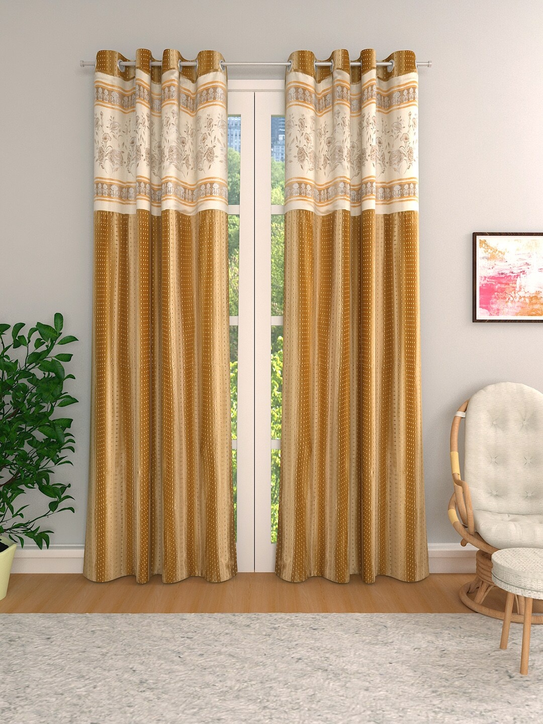 

ROMEE Gold-Toned & White Set of 2 Room Darkening Jacquard Door Curtains
