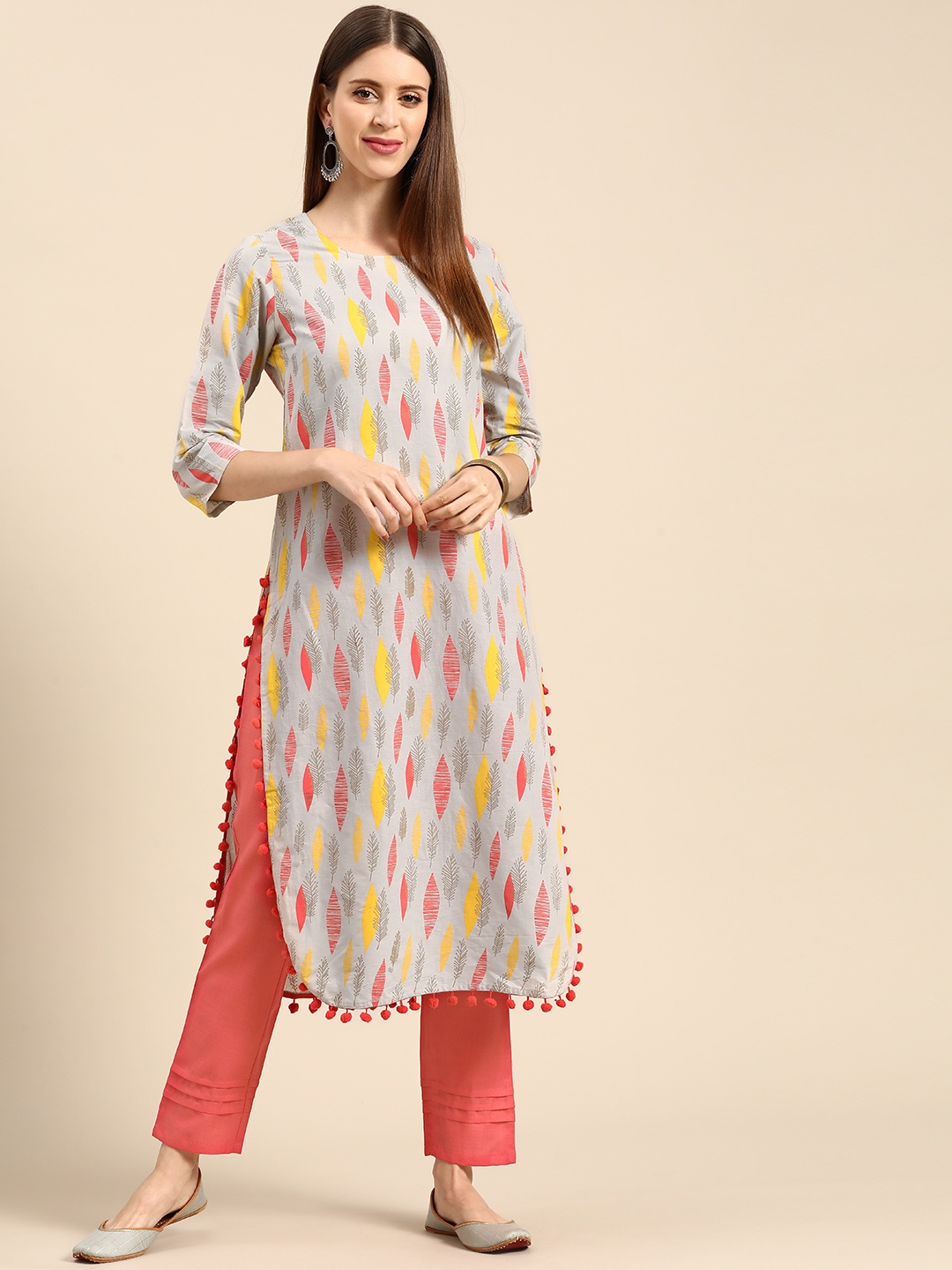 

Anouk Women Grey & Coral Pink Printed Pure Cotton Kurta with Trousers