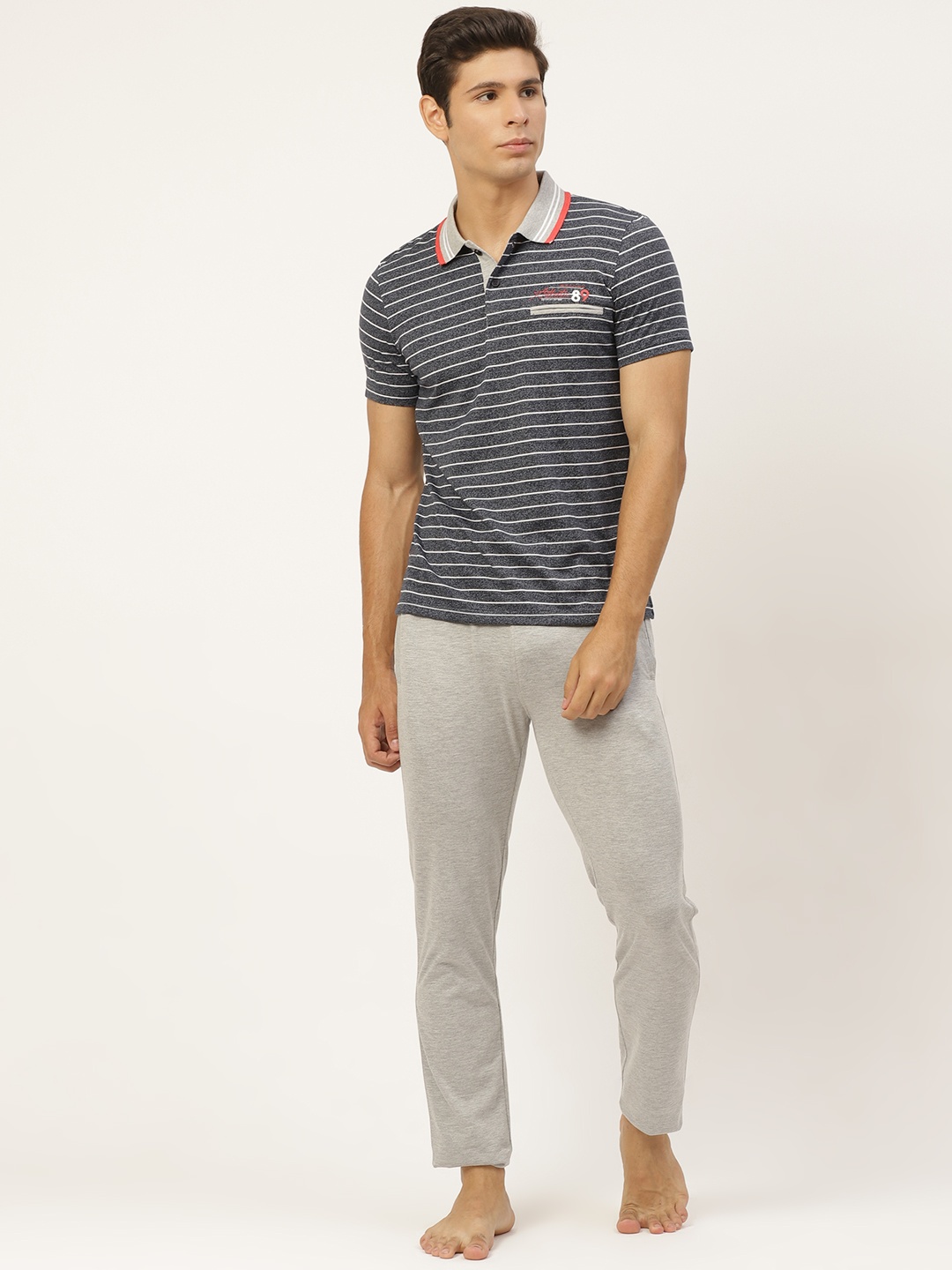 

Sweet Dreams Men Navy Blue & Grey Melange Striped Night suit