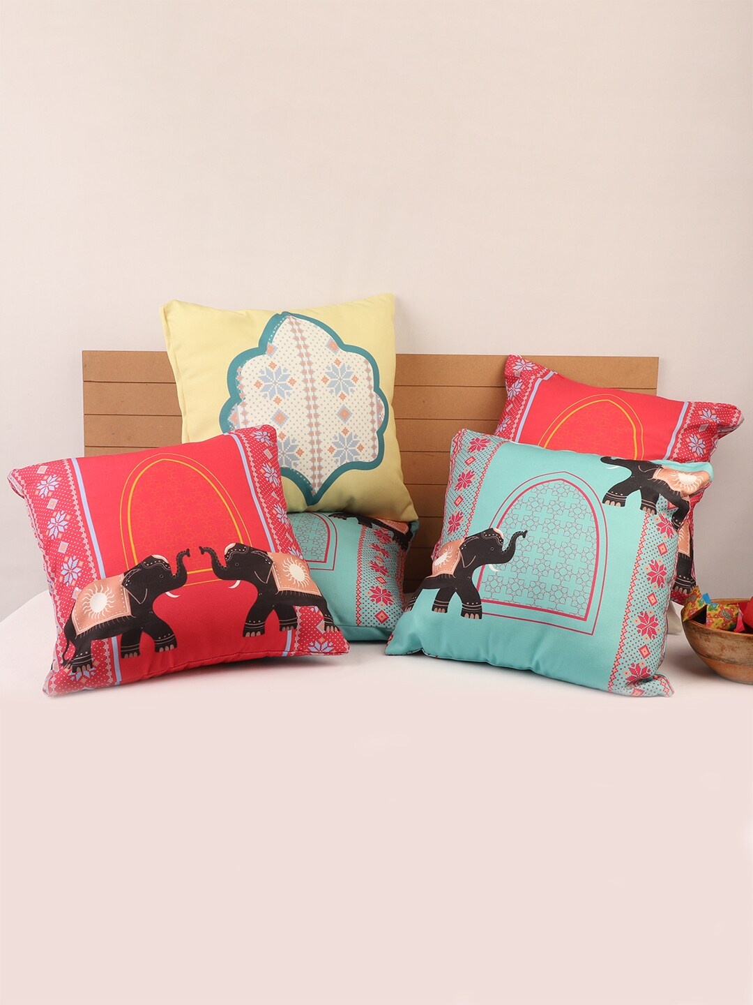 

STITCHNEST Multicoloured Set of 5 Ethnic Motifs Square Cushion Covers, Multi