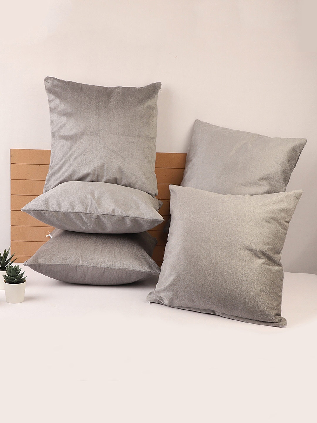 

STITCHNEST Grey Set of 5 Solid Square Cushion Covers