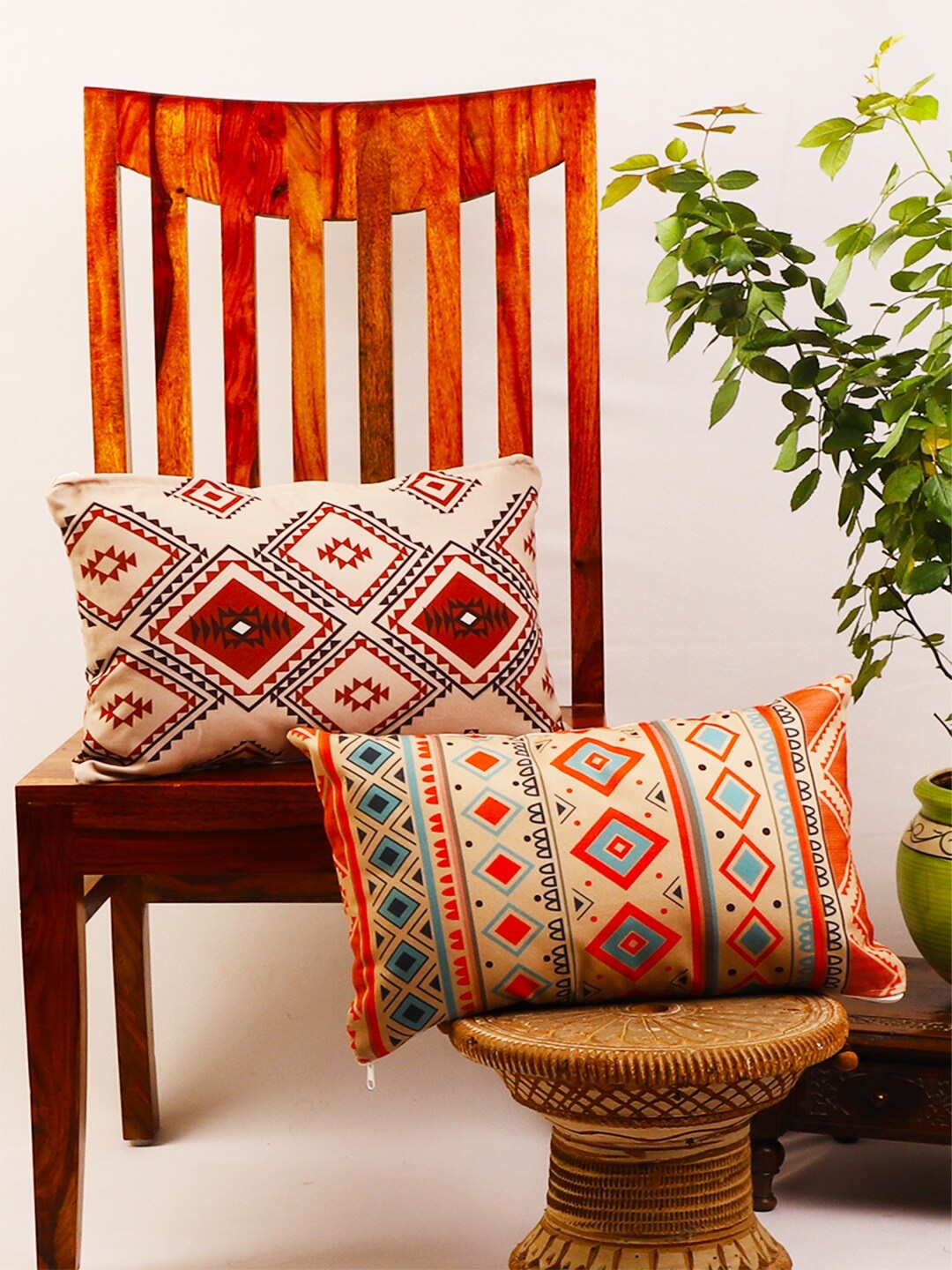 

STITCHNEST Multicoloured Set of 2 Ethnic Motifs Rectangle Cushion Covers, Multi